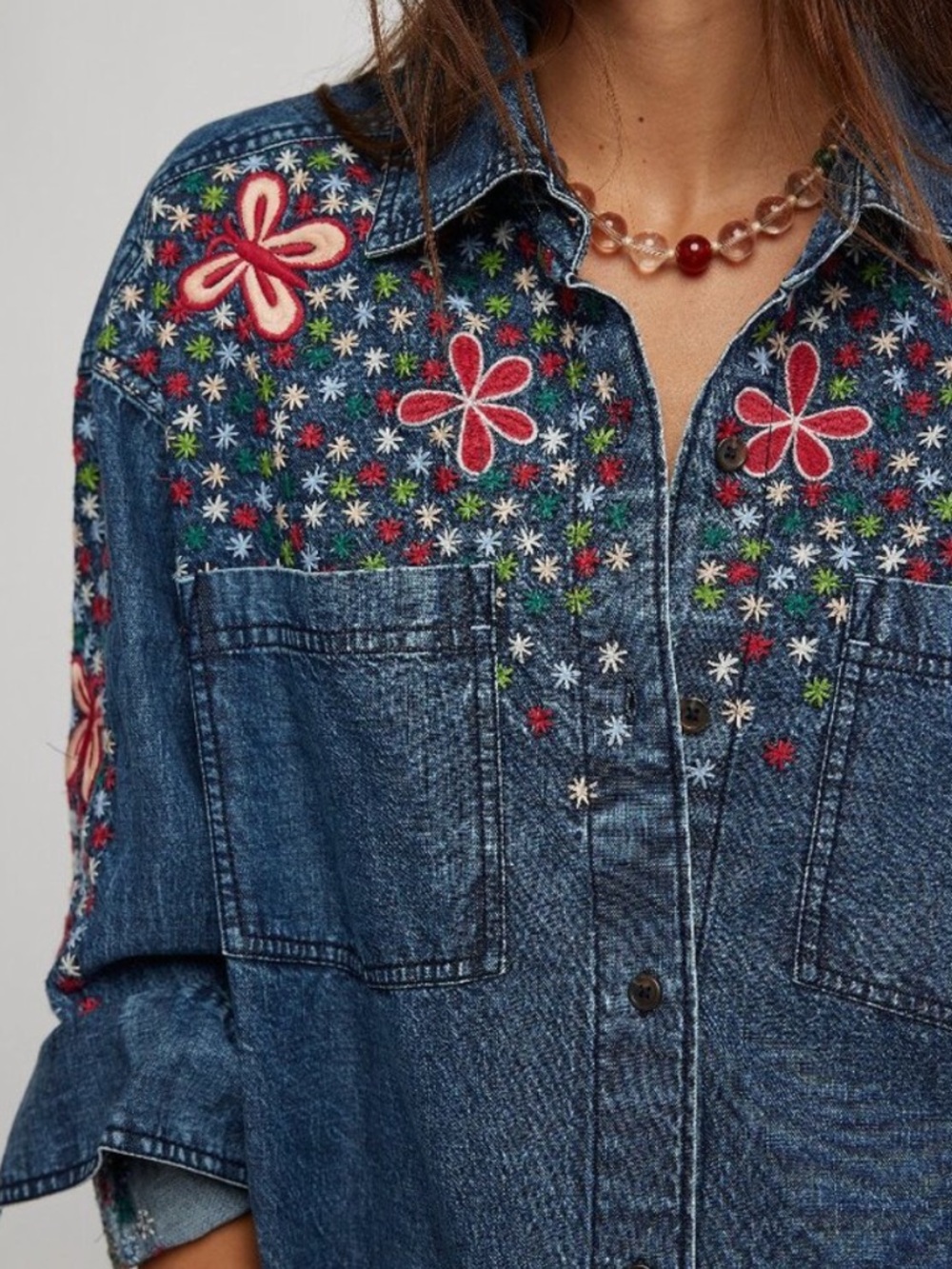 NWT Free People Embroidered Denim Shirt